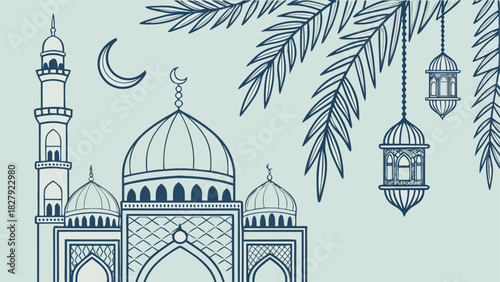 Illustration of a mosque with crescent moon, lanterns, and palm leaves in a line art style design