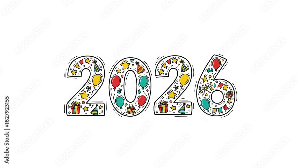 Obraz premium Colorful 2026 numbers decorated with holiday icons and symbols 