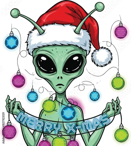 A christmas alien wearing a santa hat and holding a banner with merry x mas on a white background
