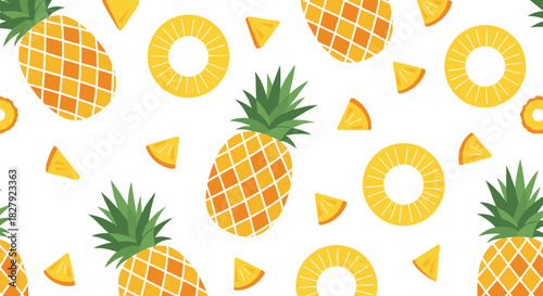 Vibrant Seamless Tropical Vector Pattern Background Featuring Stylized Whole Pineapples, Circular Slices, and Triangular Fruit Chunks, Ideal for Summer Vacation, Beverage Packaging, and Fun Fabric Des