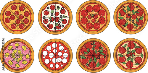 Flat style pizza set top view vector illustration featuring assorted Italian pizzas with different toppings, slices, and vibrant colors for food menu and restaurant design.
