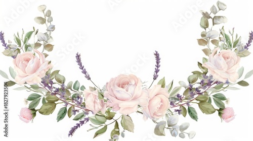 Watercolor Floral Arrangement with Roses and Lavender Elements
