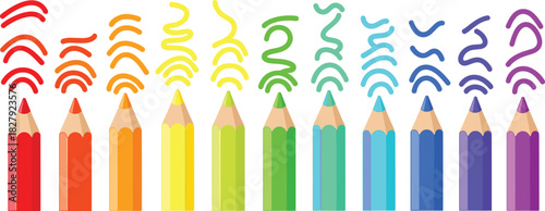 Vibrant Vector Illustration of a Full Rainbow Spectrum of Colored Pencils, Showing Various Drawing Strokes Above Each Pencil, Ideal for Art, Creativity, Education, School Supplies, and Design Concepts