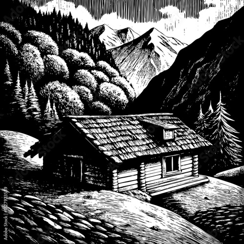 Rustic log cabin nestled in a dramatic mountain landscape