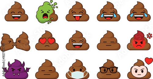 Funny poop emoji character set with multiple facial expressions including happy, angry, sick, laughing, devil, love eyes, and masked cartoon icons.