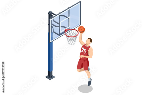 Isometric illustration of a basketball player in a red uniform jumping toward the hoop for a dunk, with a detailed backboard and court element. Dynamic sports action scene Basketball court