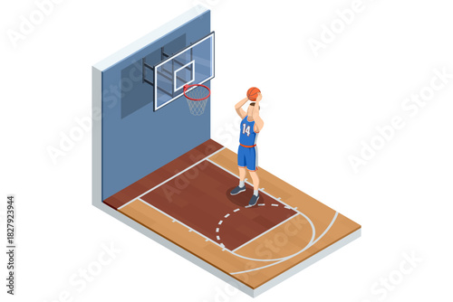 Isometric illustration of a basketball player in a blue uniform preparing to take a free throw on an indoor court, standing at the line beneath the hoop. Detailed sports training scene.