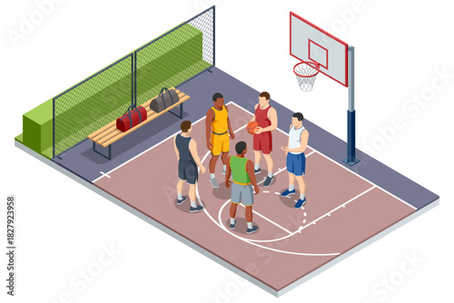 Isometric illustration of a basketball player in a uniform performing a dunk, jumping high above the court and slamming the ball into the hoop. Energetic sports action scene. Basketball court