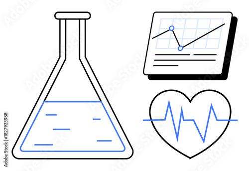 Laboratory flask with liquid, data chart with trends, and heart monitor waveform. Ideal for science, medicine, research, technology, innovation healthcare education. Simple flat metaphor
