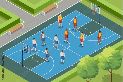 Isometric illustration of multiple basketball players competing near the hoop. One player prepares to shoot while defenders block the lane. Dynamic team action scene on the court.