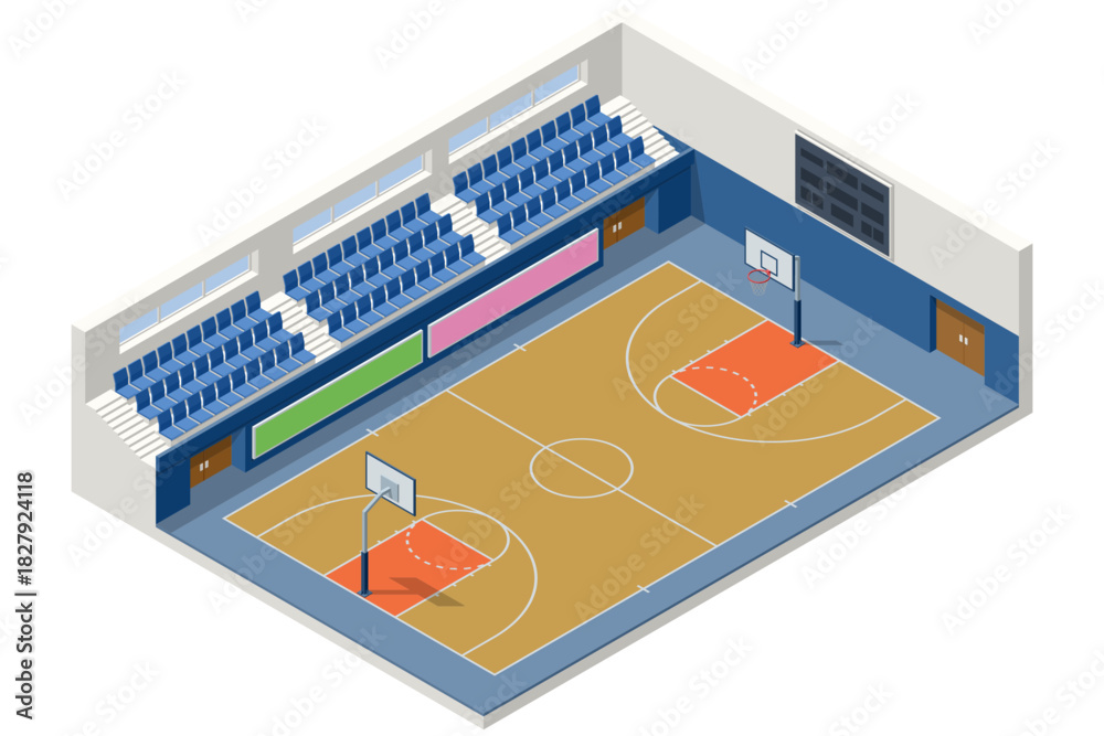 Naklejka premium Isometric illustration of an indoor basketball arena with full stands, two hoops, and a detailed court layout. Modern sports hall design with seating, scoreboard, and vibrant court zones.
