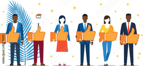 Diverse Group of Business Professionals Holding Giant Thumbs Up Icons Vector Illustration, Symbolizing Positive Customer Feedback, Social Media Likes, Success, Teamwork, and Excellent Service Reviews.