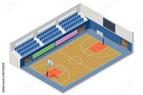 Isometric illustration of an indoor basketball arena with full stands, two hoops, and a detailed court layout. Modern sports hall design with seating, scoreboard, and vibrant court zones.