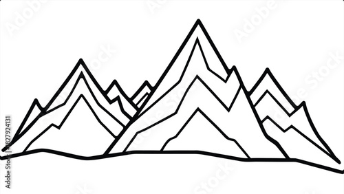 Minimalist outline drawing of mountain range peaks. simple black line art illustration on white background.