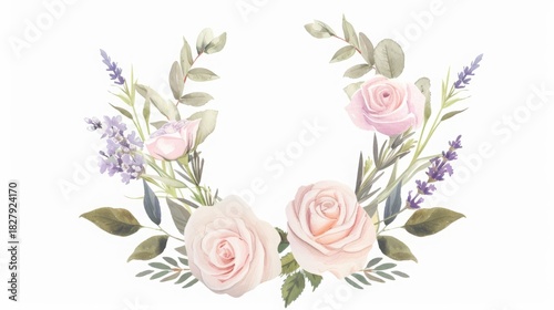 Delicate Watercolor Floral Wreath with Soft Pink Roses and Lavender Accent