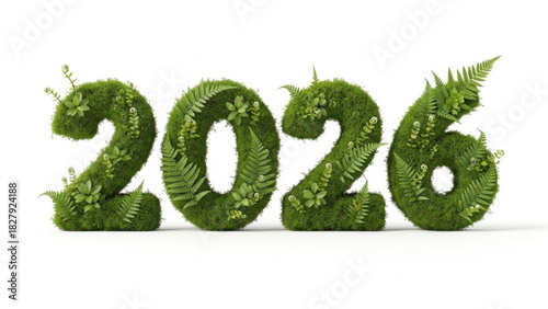 Green numbers 2026 decorated with ferns and leaves for nature theme  