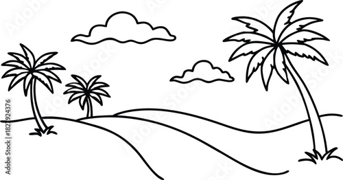 Simple outline drawing: tropical landscape with palm trees, hills, and stylized clouds.
