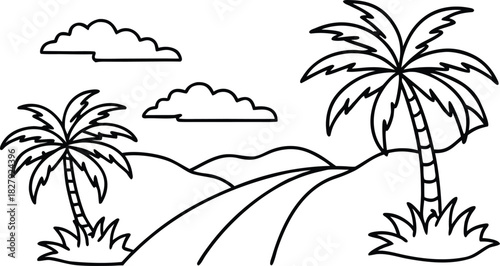 Line art tropical landscape with two palm trees, a winding road, and fluffy clouds, perfect for coloring.