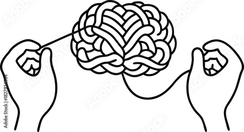 Hands connecting a stylized brain with a thread, symbolizing mental process, cognition, and ideas.