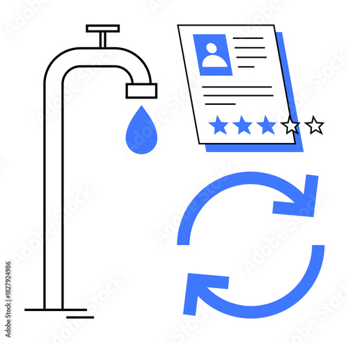 Water droplet from faucet, document with profile and review stars, arrows for refresh. Ideal for resource management, quality review, fluidity, updates, feedback recycling minimal concept. Clean