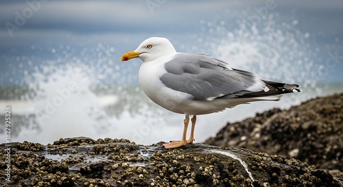 Fototapeta Naklejka Na Ścianę i Meble -  A seagull, perched atop a rock covered in barnacles, looks on as a wave crashes behind it. The sky is overcast