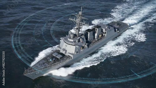 Advanced naval destroyer cutting through open ocean waters with active radar waves and detailed maritime technology in dynamic motion