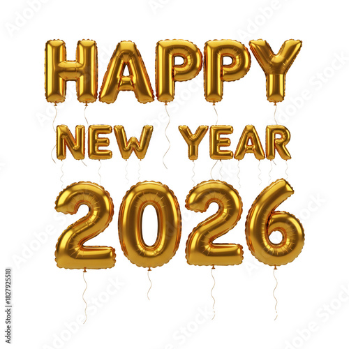 3d Golden balloon happy new year 2026 text on transparent background congratulating