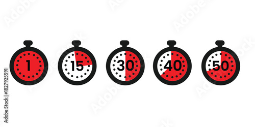 Stopwatch Timer Icons Set – Countdown Time Intervals (1, 15, 30, 40, 50 Seconds)
