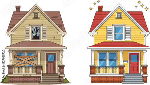 Old damaged house and renovated modern home comparison vector illustration showing before and after renovation, repair, restoration, and real estate improvement concept.