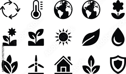 Collection of black environmental and ecological icons representing sustainability renewable energy conservation and green initiatives for a healthy planet and future