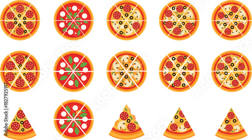 Pizza slice and whole pizza vector set featuring assorted toppings, sliced portions, circular layouts, and colorful flat design food illustrations for menus and branding projects.