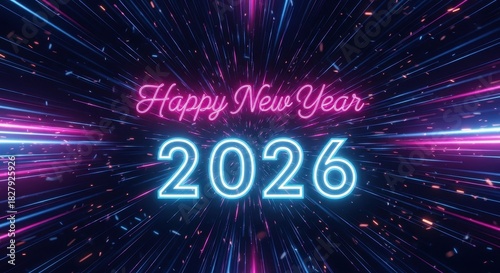 Fototapeta Naklejka Na Ścianę i Meble -  Happy new year 2026 neon light speed tunnel background celebration