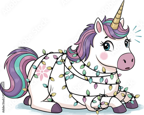 Cartoon unicorn tangled in christmas lights lying down on a white background looking slightly surprised