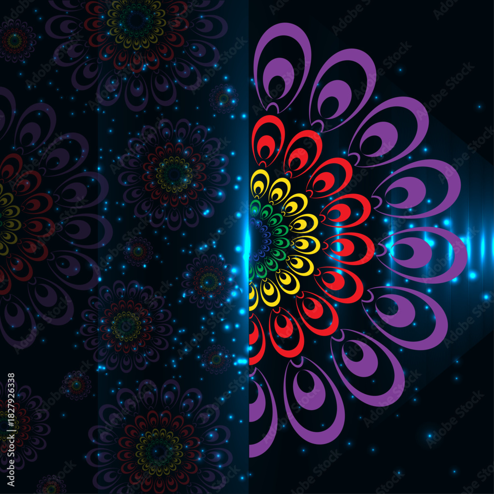 Fototapeta premium Colorful abstract mandala pattern with bright blue light flare and glowing particles, decorative design element