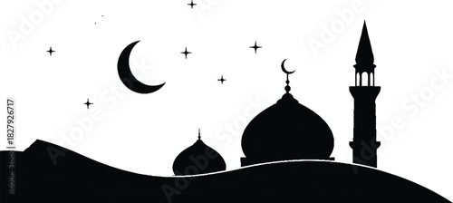 Serene mosque silhouette under a starry night sky with crescent moon, evoking peace and spirituality.