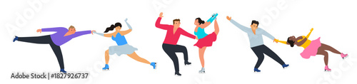 men women couple  figure ice skating athletes set winter games championship vector illustration