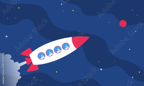 group of robots flying on rocket in outer space to mars mission vector illustration