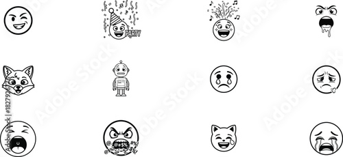 Collection of hand drawn emoticons and cartoon characters isolated on transparent background