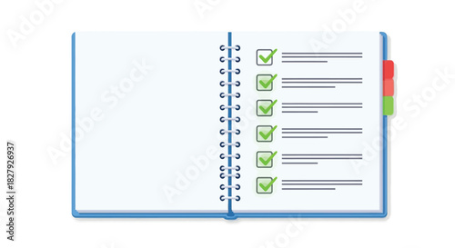 Open notebook with a completed checklist and blank pages for planning and organization