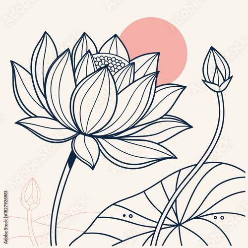 Elegant lotus flower illustration with a pink sun, perfect for peaceful designs