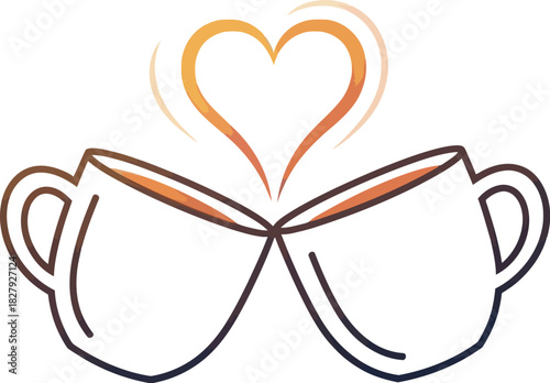 Two cups clinking in a toast, symbolizing love and connection with a warm heart overhead.