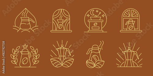 Coffee Brewing Equipment Logo Set. Turkish Pot, Grinder, and Various Coffeemakers. Modern Line Art