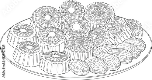 A delightful assortment of intricately decorated traditional pastries and sweet dates presented on a plate, ready for celebration.