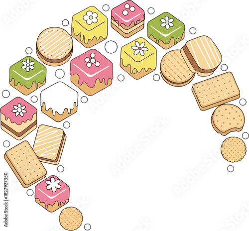Assortment of colorful iced cakes and biscuits arranged in a decorative arc.