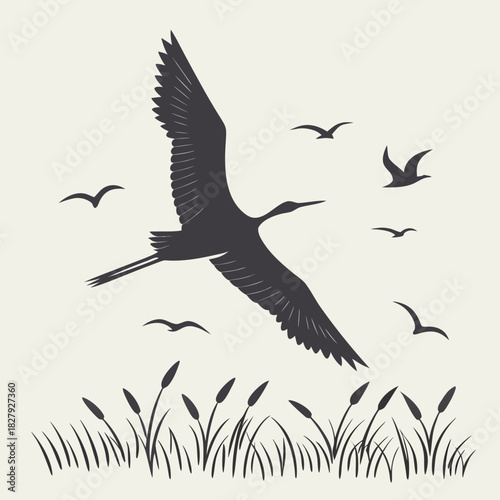Silhouette of a crane flying over reeds against a light beige background