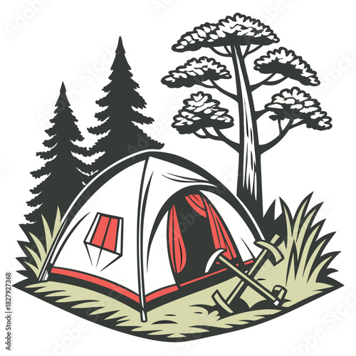 Camping tent in the woods with trees