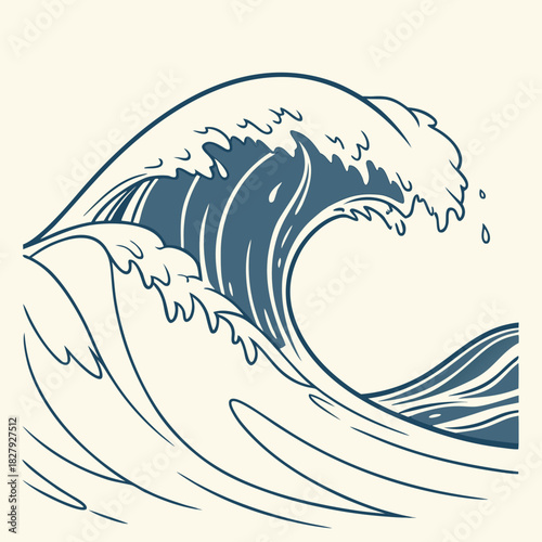 Illustration of a large ocean wave with foam cresting on a beige background