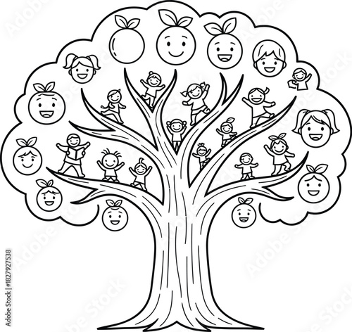 Joyful family tree illustration with smiling children and fruits