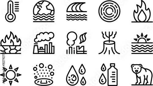 Collection of line art icons depicting climate change global warming environmental issues and ecological concerns in a minimalist style for web design