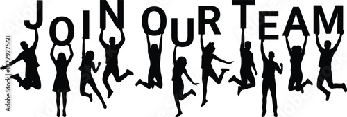 Black silhouettes of diverse, energetic people jumping and holding large letters spelling JOIN OUR TEAM, symbolizing recruitment, job opportunities, teamwork, and strong company culture.
